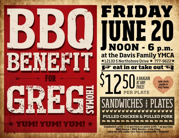 YMCAknoxville's tweet photo. One week from today come to the Davis Y for a Benefit Barbq for Greg Thomas -$12.50 a plate. #kickcancersbutt http://t.co/fLUTL2HhFJ