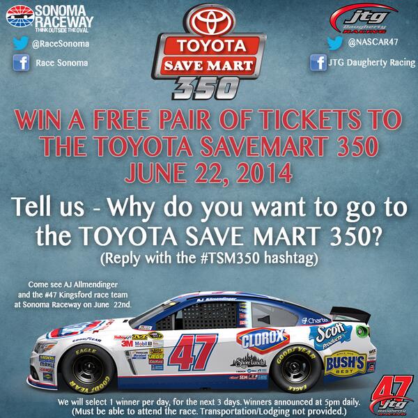 HYAKMotorsports's tweet photo. Who wants to WIN tickets to the #TSM350 at @RaceSonoma?!

Tell us why &amp; you could be our first winner today at 5pm--> http://t.co/CouveO2dNO