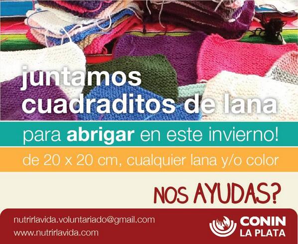 difusionenred's tweet photo. #Frío La Plata: @ConinLaPlata recibe cuadraditos de 20 x 20 cm, cualquier lana y/o color | https://t.co/8bIsPVQ2Yh | http://t.co/Op0IR1ObqE