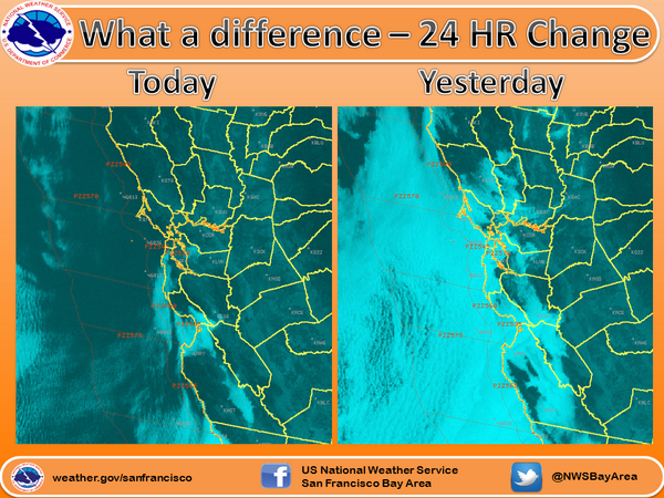 NWSBayArea's tweet image. What a difference 24 hours makes.  Much less cloud cover this morning. #BayArea #satellite