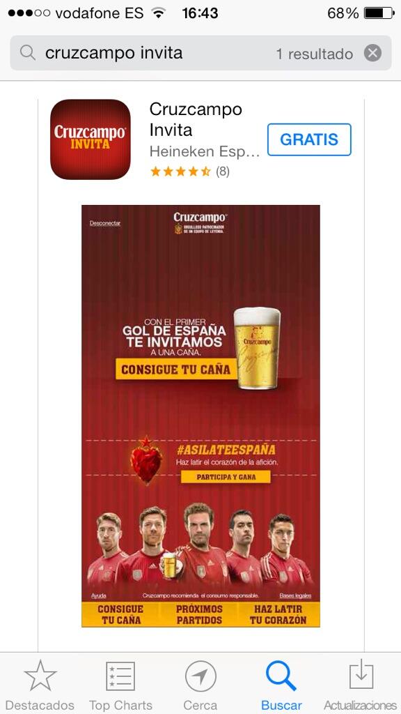 Y no vengas sin descargarte la aplicación cruzcampo invita!!! Por casa primer gol de ESPAÑA 1 caña gratis!!!!!