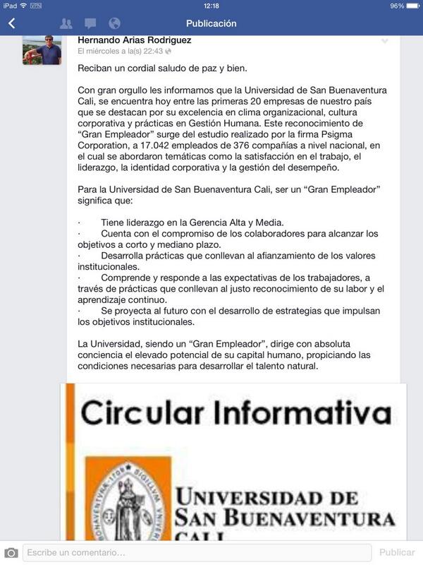 usbrecgeneral's tweet photo. La Universidad de San Buenaventura Cali entre las 20 mejores empleadoras  del País. http://t.co/JajOddGkdV