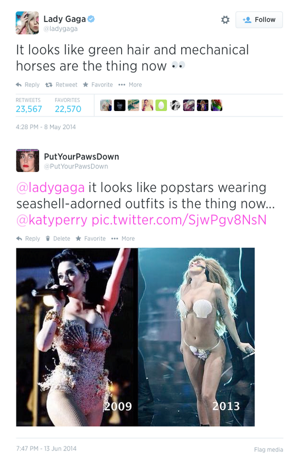 PutYourPawsDown's tweet photo. @ladygaga it looks like popstars wearing seashell-adorned outfits is the thing now... @katyperry. http://t.co/c2BodEH6qq