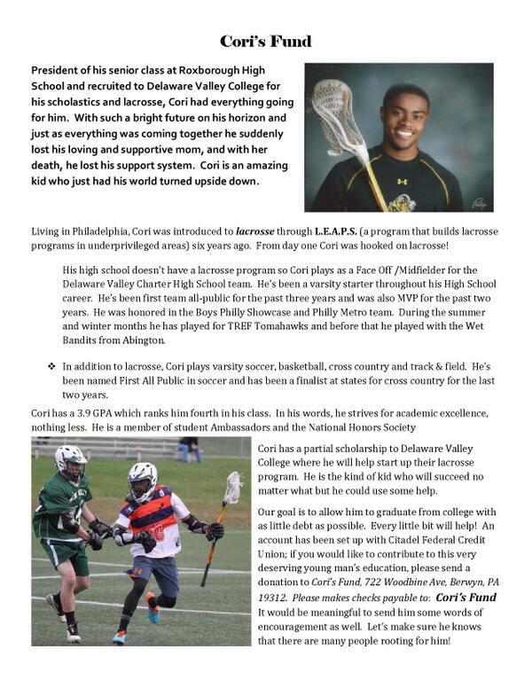 TheReviewSports's tweet photo. Recently, tragedy struck Cori and his family, and a fund has been made in his name. See attachment for more info. http://t.co/l5cr16K1mI