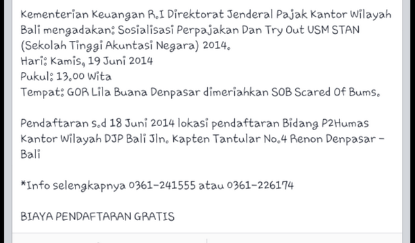 3Out_Stan2014's tweet photo. @OSIS_foursma TRY OUT USM STAN OLEH KANWIL DJP  BALI 2014
Pendaftaran sampai18 juni GRATIS
Trims http://t.co/vKvuImMdRa