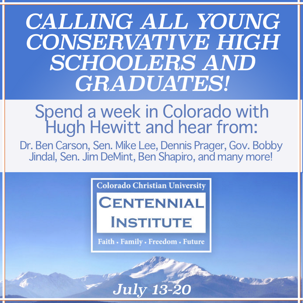 DiscChristSchls's tweet photo. Spend a week in #Colorado with @hughhewitt; hear from @RealBenCarson, @SenMikeLee, @DennisPrager, @benshapiro &amp; more! http://t.co/YMQbGZDx3i