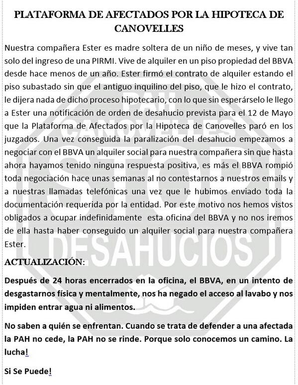 [URGENT] .<a href="/LA_PAH/">Plataforma de Afectadas por la Hipoteca</a> #Canovelles estem okupant el #BBVA a c\Parets n°4 i NO tenim accés a menjar ni lavabo.#EsterVsBBVA!