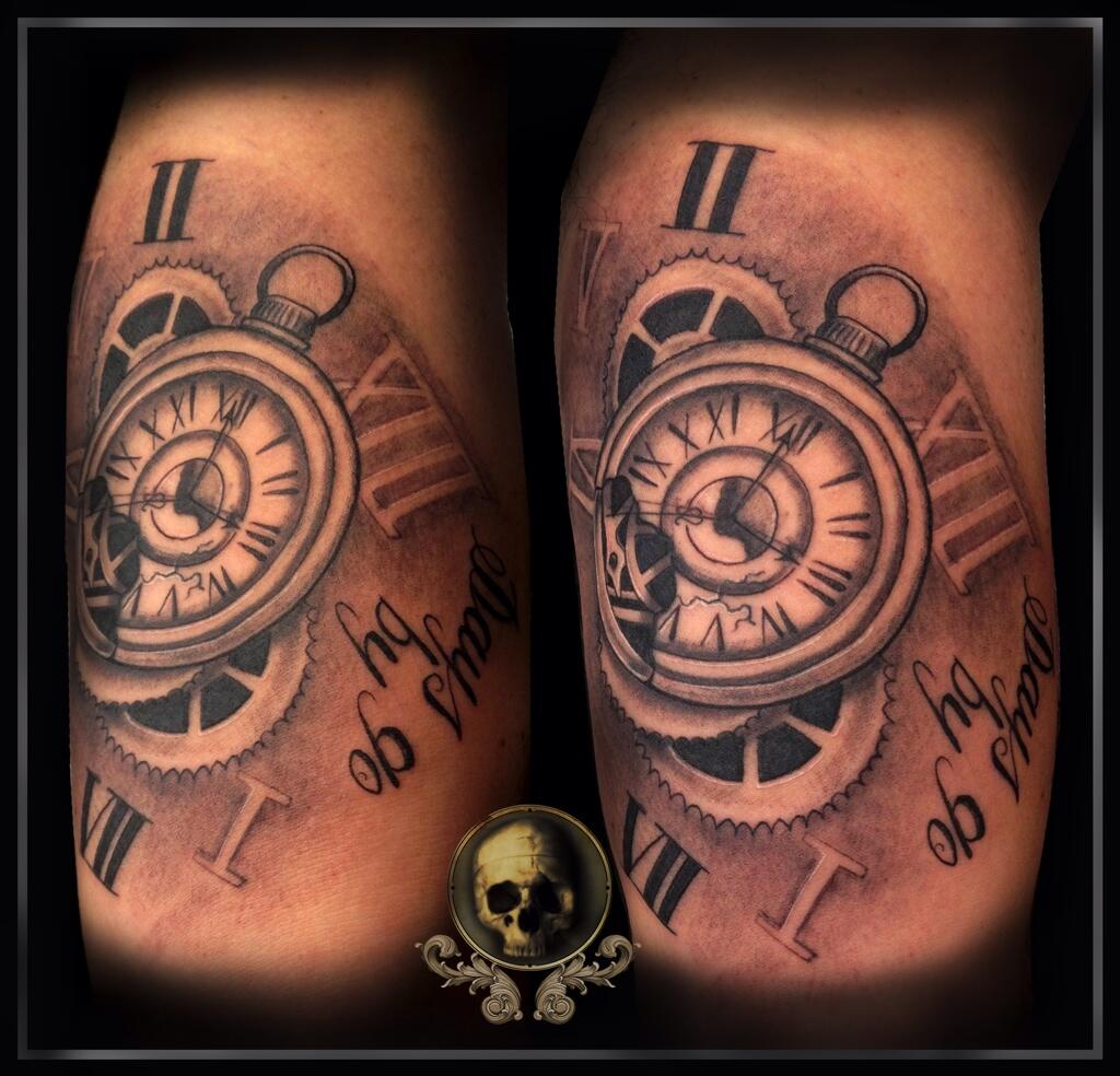 Hands of Death Holding Clock Tattoo in Engraving Style