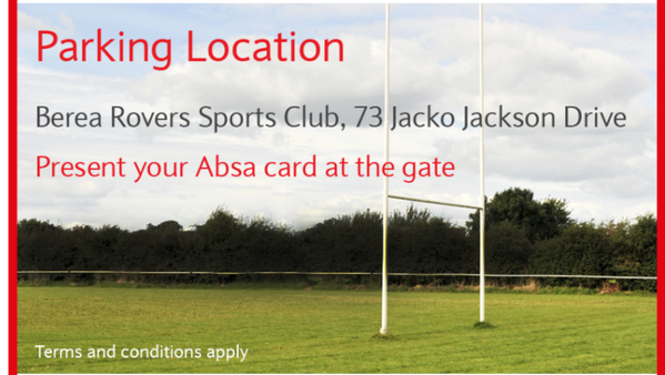 LuckyGordy's tweet photo. Free parking at Rovers for the @bokrugby game today if you have an @Absa card. #goBokke  see you there http://t.co/6NPMLGiKMc