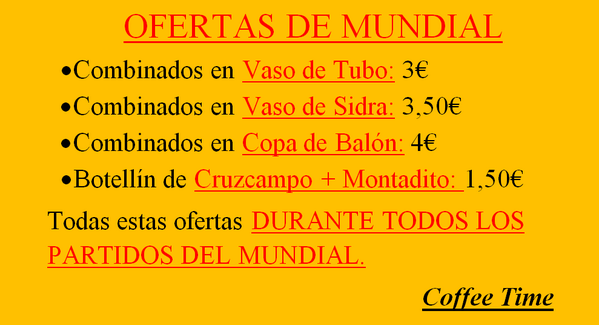 CoffeTimeAlcala's tweet photo. EN COFFE TIME vemos TODO LOS PARTIDOS DEL MUNDIAL!!!!! VEN Y DISFRUTA DE NUESTRAS OFERTAS!!  que no te lo cuenten! http://t.co/iRpLUE8kPv