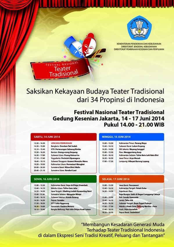 Sahabat yg belum ada acara akhir pekan. Yuk ke Festival Teater Tradisional Nusantara (34 Provinsi) cc <a href="/infobudaya/">Budaya Indonesia</a>