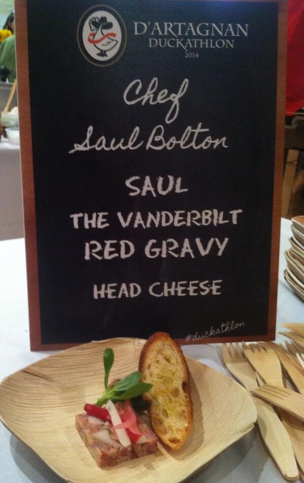 “<a href="/DArtagnanFoods/">D'Artagnan Foods</a>: Why yes there is head cheese at #duckathlon thanks to <a href="/SAULrestaurant/">Saul Bolton</a> ! ”