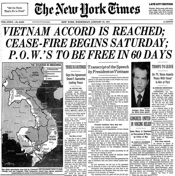 Image result for vietnam peace agreement newspaper images