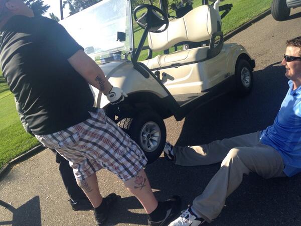 shelljohn67's tweet photo. #atbTeddy 10B superstrength, lifting the golf cart off our star golfer guess he didn't know his leg didn't go there. http://t.co/yExVp0PUxq