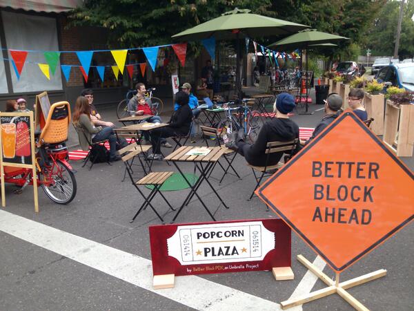 PDXCityscape's tweet photo. #BetterBlockPDX #PopcornPlaza at SE Clinton &amp; 26th @BetterBlockPDX instant #placemaking #BetterBlock #Portland http://t.co/s9SPsuc34c