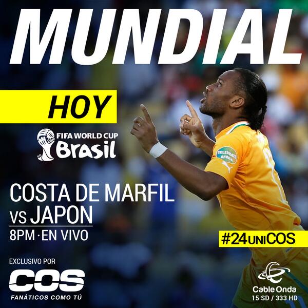 COSPanama's tweet photo. Recuerda, hoy vamos con otro encuentro único y exclusivo de Cable Onda Sports. "Costa de Marfil vs. Japón" #24uniCOS http://t.co/Gn8ggJfmJa