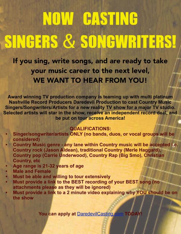 Singer/songwriters we r casting 4 a TV show...we want to hear from U

bit.ly/1hPk6cE

#Songwriter