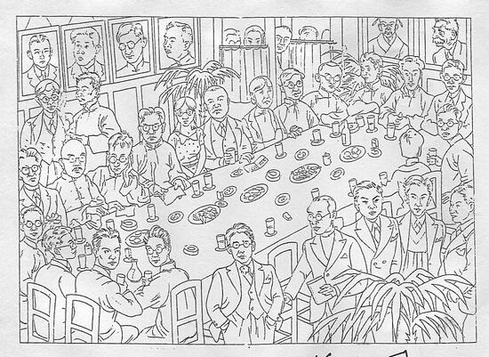 作家肖像群像《文坛茶话图》，载1936年上海《六艺》创刊号。鲁少飞作。虽知道名单，仔细辨认，也没能一一对上号。可惜现在没人再画这类漫画了。dfdaily.com/html/1170/2014…