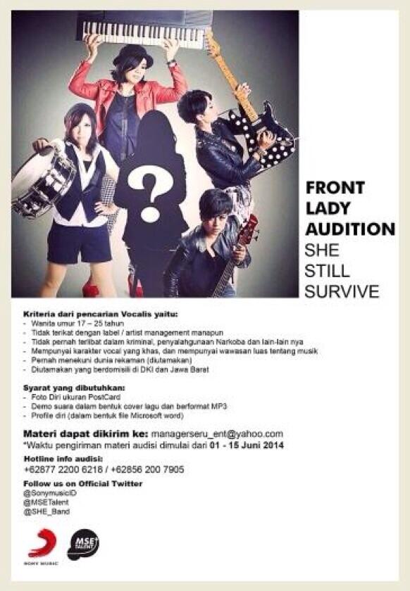 AruMusicLab's tweet image. “@adis_she: Last day! Ayo bentar lagi ditutup buat pendaftaran audisi frontlady @She_Band ! #SheStillSurvive http://t.co/Ks42JI0csY”