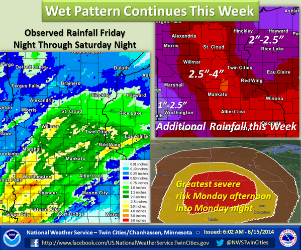 NWSTwinCities's tweet photo. Wet weather to continue through next work week. Threat for severe weather SW MN Monday as well. #mnwx #wiwx http://t.co/HmvvXCefDx
