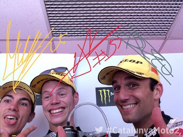 MotoGP's tweet photo. After the post race interviews, catching up with @TitoRabat , @maverickmack25 and @johannzarco05 #CatalunyaMoto2 http://t.co/hAt52yW7EW