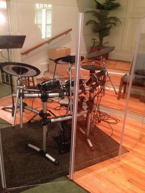 WorshipSoundGuy's tweet image. You know you've got some old people in the congregation when they put an ELECTRIC drumset behind a shield!