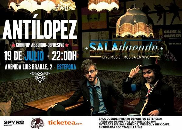 SalaDuende's tweet photo. Ya tenemos las entradas a la venta  10€ anticipada y 14€ en taquilla. @antilopez en concierto proximo 19 de julio!!! http://t.co/2aIyFfxgxR