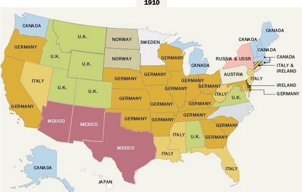 ianbremmer's tweet photo. Origin of largest US immigrant population by state - 1910

#Germany and a bunch of other places http://t.co/MphtppZsBW