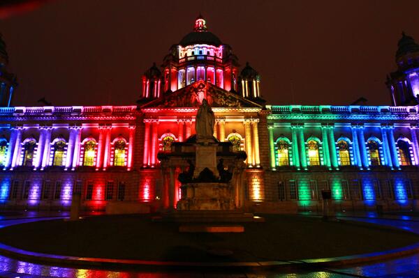 love_belfast's tweet photo. Belfast City Hall goes multi-coloured tonight to mark #CRWeek14 - Community Relations week http://t.co/RWt8QW9w0R