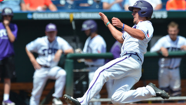 TCU_Athletics's tweet photo. The Horned Frogs will meet the Cavaliers Tuesday night at 7 pm on ESPN2. #GoFrogs #CWS http://t.co/iXRYch870r