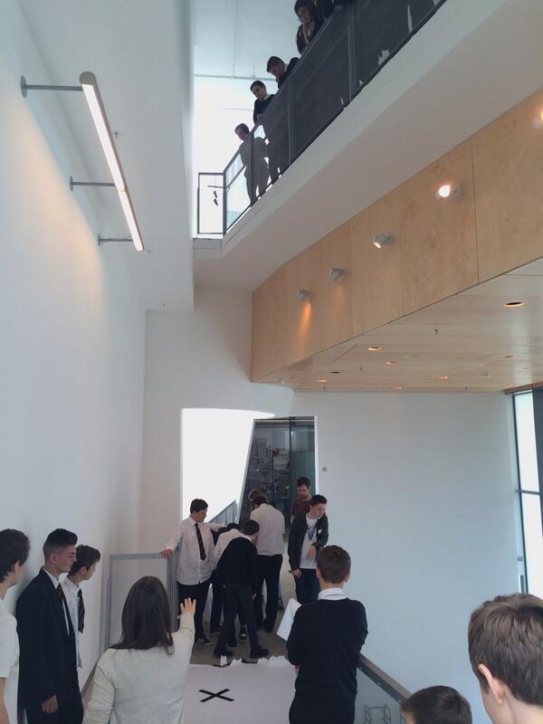 PDEdegreeshow's tweet photo. The students of @stambrosehigh awaiting the egg drop challenge final at @GSofA. The atmosphere is getting tense... http://t.co/GO7H355fPh