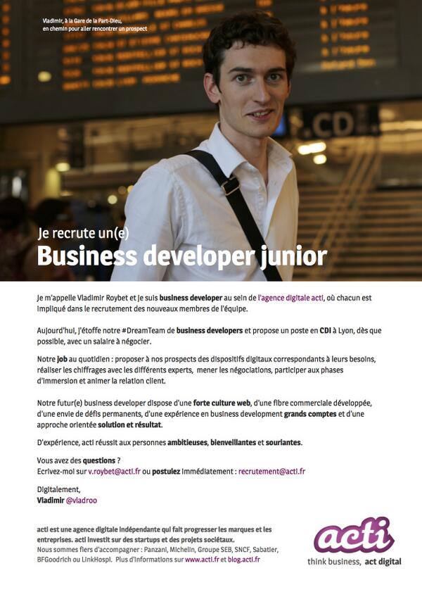 L'agence <a href="/acti/">Agence digitale acti</a> recrute un(e) Business Developer junior en CDI à #Lyon ! :) #PleaseRT - PDF : bit.ly/T0t4bd