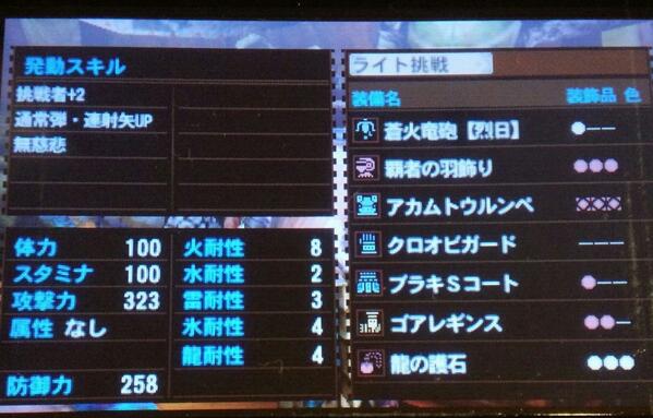 Mh4 挑戦者2 無慈悲付きライトボウガン用装備参考例画像 主に剣士な自分なので ガンナースキルの剛撃を使いたかったので作成 モンハンっ娘まとめ速報 モンまと