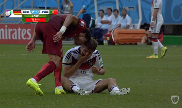 BleacherReport's tweet photo. Portugal's Pepe gets sent off for a headbutt on Germany's Thomas Mueller. GIF: http://t.co/YacjDpCbPI #WorldCup http://t.co/NMzRB44VUJ