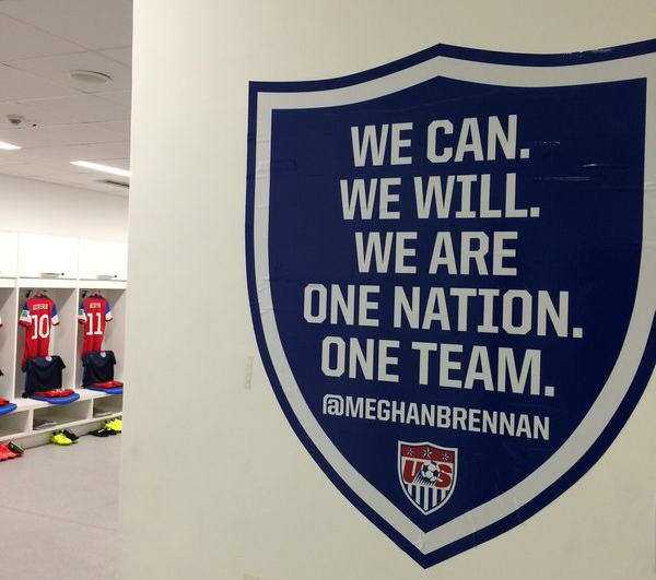 USMNT's tweet image. "We Can. We Will. We are #OneNationOneTeam." Thanks @Meghanbrennan. We put your quote in the #USAvGHA locker room!