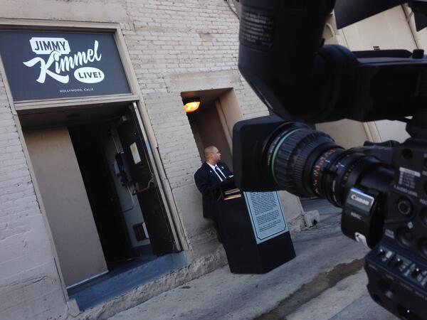 KHOLMESlive's tweet photo. #Mayorwatch: Staking out the back entrance of @JimmyKimmelLive to get reaction from Mayor Garcetti about his F-bomb. http://t.co/BTyd6yJUfL