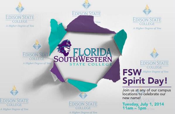 Edison State College (@edisonstate) on Twitter photo Join us on July 1st to celebrate FSW Spirit Day as <a href="/EdisonState/">Edison State College</a> becomes Florida SouthWestern State College <a href="/FSWBucs/">Florida SouthWestern Buccaneers</a> Join us on July 1st to celebrate FSW Spirit Day as <a href="/EdisonState/">Edison State College</a> becomes Florida SouthWestern State College <a href="/FSWBucs/">Florida SouthWestern Buccaneers</a>