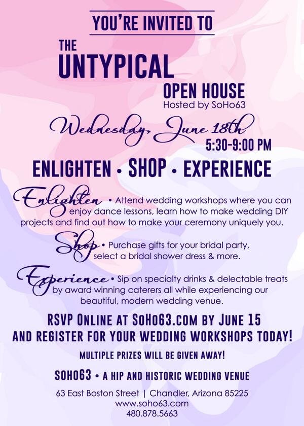 ArizonaWeddings's tweet photo. {Brides} Visit us at @SoHo63AZ this Wednesday at 5:30pm-9pm! This will be a unique Open House you won't want to miss! http://t.co/NabV6l3L6N