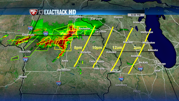 ERICSORENSEN's tweet photo. Here's the rough timing of the storms across Iowa this evening. #exactrack http://t.co/GKsveMwkjf