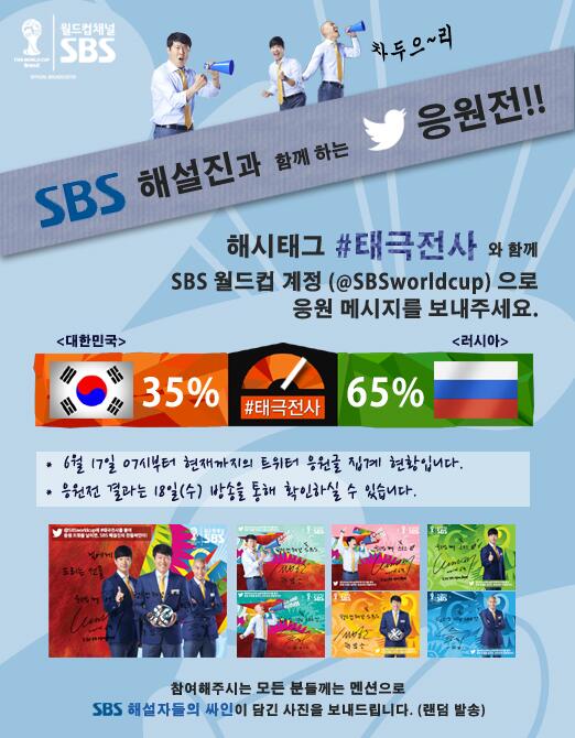 SBSsports's tweet photo. #SBSworldcup 차차배 해설위원과 함께하는 <대한민국 vs 러시아> 트위터 응원전! #태극전사 + 응원글을 멘션으로 보내면 끝! 참여하면 깜짝 사진 드리~으리! 차두~으리! http://t.co/seuZgp1QkX