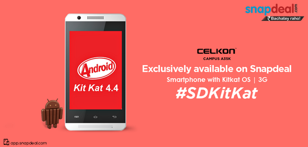 snapdeal's tweet photo. Get Celkon Campus A35K at lowest price only on snapdeal ! How awesome is that?
#SDKitKat http://t.co/ZKkqpjrBmr