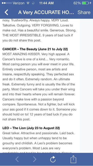 Holy fuck so on point and I usually don't believe in horoscopes.... #Cancer baby http://t.co/ZuN9nTf<a href="/tag/cancer"class="tags"><span>#cancer</span></a>