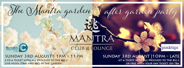PinkTipiEvents's tweet image. Sunday 3rd August @MantraNorwich 'The Mantra Garden &amp;amp; After Garden party'. BBQ, Pimms &amp;amp; a lot of live music TBA.