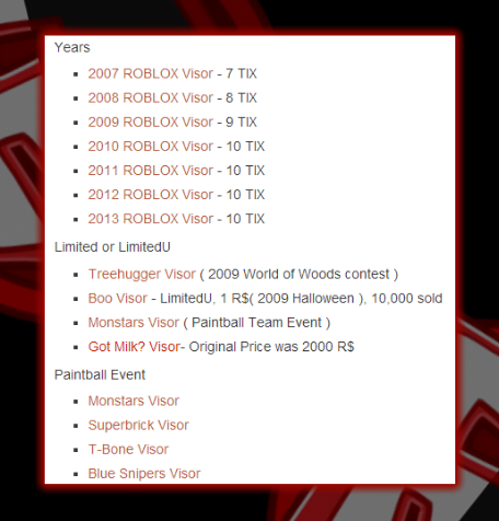 Roblox Secrets On Twitter Here Is A List Of Every Visor On Roblox And Their Prices Http T Co 5bopul2kle - roblox 2007 tix