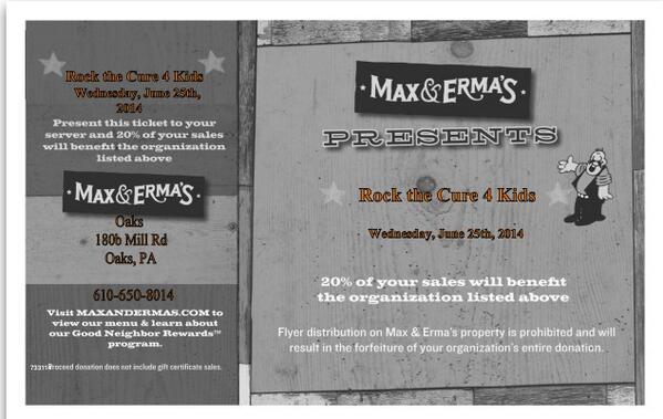 Our Max &amp; Erma's (Oaks, PA) ALL DAY EVENT is next week! Show the attached pic on your phone and 20% goes to us!!!