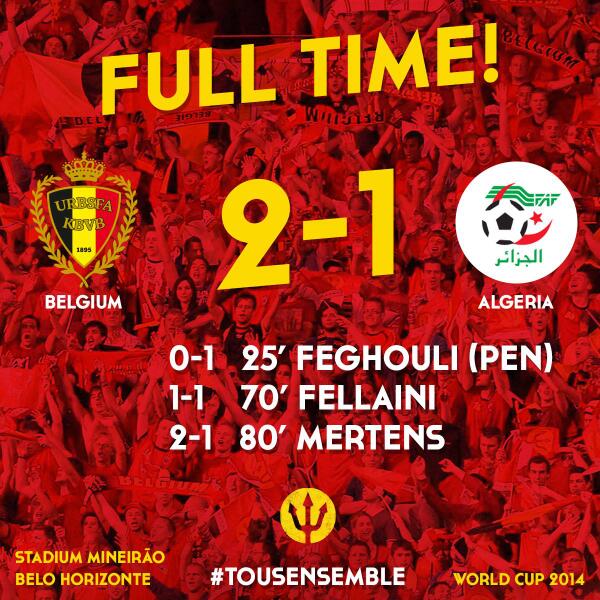 BelRedDevils's tweet photo. Full Time Belgium 2 - 1 Algeria #belalg #tousensemble #WorldCup2014 http://t.co/eEhWbaCY6H