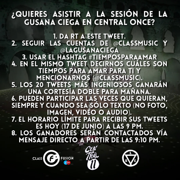 ClassMusic's tweet photo. ¡Para los que quieren ir a la sesión acústica de @lagusanaciega en @centralonce! #TiemposParaAmar http://t.co/9R4xv9YyxA