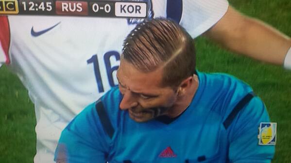 SwearingSports's tweet photo. #RUSvsKOR the refs hair looks like an egg slicer my nan used to fucking have http://t.co/B2mKV3VZ6f