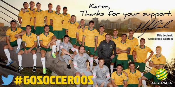 SocceroosReply_'s tweet photo. @tweetkaz Thanks for your support. Here's a signed @Socceroos team photo from Mile Jedinak #GoSocceroos http://t.co/QMr2eAf4yE
