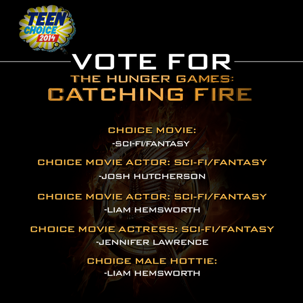 TheHungerGames's tweet photo. .@TheHungerGames: #CatchingFire has 5 @TeenChoiceNews Nominations! Vote now at http://t.co/Wo4LX4RAqc http://t.co/YSyo37ohR7
